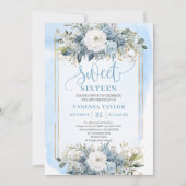 Hübsch Dusty Blue White Gold Blume Sweet 16 Einladung (Vorderseite)