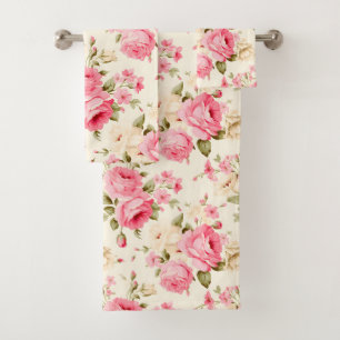 Hübsch Elegante Vintage Creme Rosa Rosen Badhandtuch Set