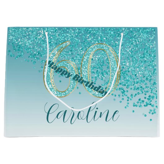 Hübsch Falling Aquamarin Blue Glitzer 60. Geburtst Große Geschenktüte (Vorderseite)
