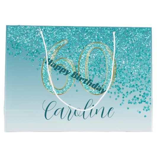 Hübsch Falling Aquamarin Blue Glitzer 60. Geburtst Große Geschenktüte (Rückseite)