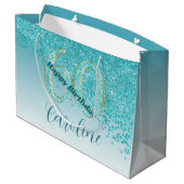 Hübsch Falling Aquamarin Blue Glitzer 60. Geburtst Große Geschenktüte (Rückseite Schrägansicht)