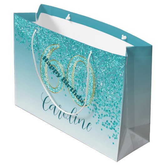Hübsch Falling Aquamarin Blue Glitzer 60. Geburtst Große Geschenktüte (Rückseite Schrägansicht)