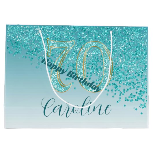 Hübsch Falling Aquamarin Blue Glitzer 70. Geburtst Große Geschenktüte (Rückseite)