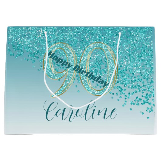 Hübsch Falling Aquamarin Blue Glitzer 90. Geburtst Große Geschenktüte (Vorderseite)