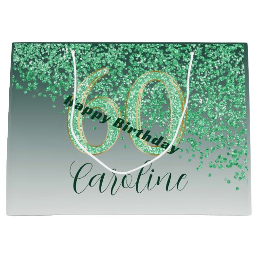 Hübsch Falling Green Glitzer 60. Geburtstag Große Geschenktüte (Vorderseite)