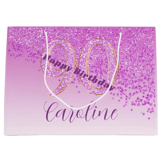 Hübsch Falling Pink Glitzer 90. Geburtstag Große Geschenktüte (Vorderseite)