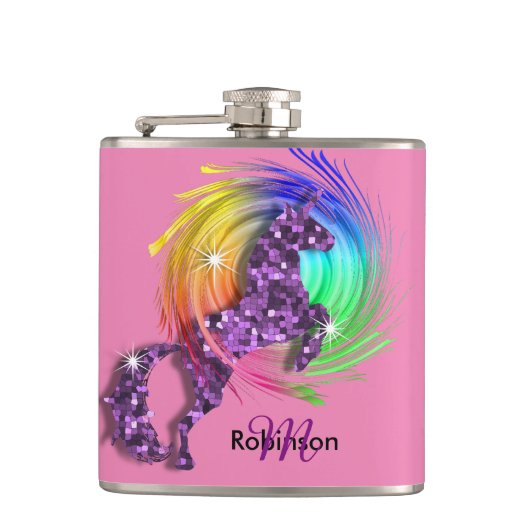 Hübsch Fantasy Rainbow Unicorn Personalisiert Flachmann (Vorderseite)