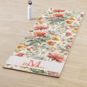 Hübsch Floral Orange Coral Pink Boho Name Monogram Yogamatte