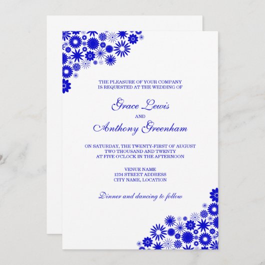 Hübsch Floral Royal Blue Wedding Einladung (Vorne/Hinten)