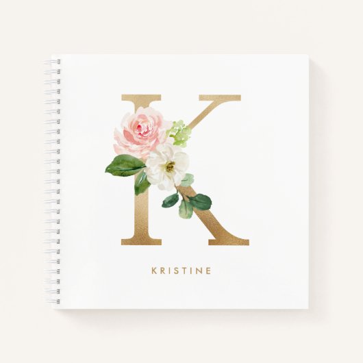 Hübsch Florals Imitats Gold Foil Letter K Monogram Notizblock (Vorderseite)
