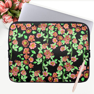 Hübsch Garden Blume Korallenrot Grün auf Schwarz Laptopschutzhülle