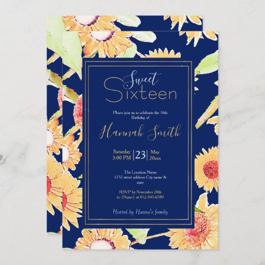 Hübsch Gelb & Blau Sonnenblumen Wasserfarbenfarbe Einladung (Vorne/Hinten)