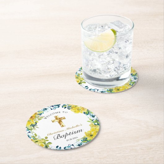 Hübsch Gelbe Blütengold-Cross-Taufe Willkommen Runder Pappuntersetzer (Vor Ort)
