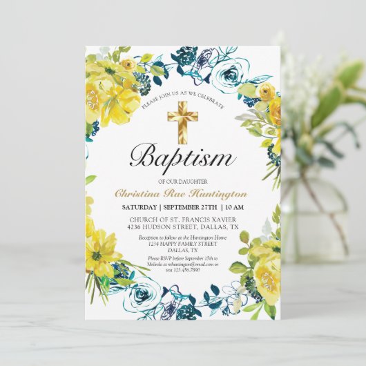 Hübsch-Gelbe Blütengoldkreuztaufe Einladung (Stehend Vorderseite)