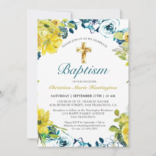 Hübsch Gelbe Dunkelblauer Blütengoldkreuz Einladung (Vorderseite)