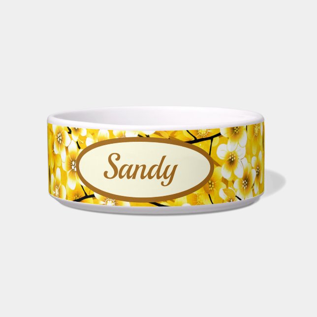 Hübsch-Gelbe florale Botanische Muster-Katze Napf (Vorderseite)