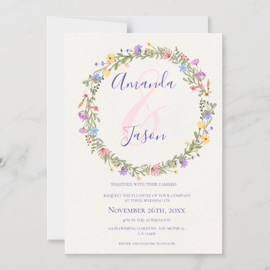 Hübsch-Gelbe Lila Wildblumen-Kränzereien Magneteinladung (Vorderseite)