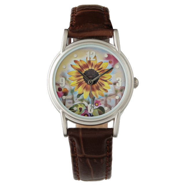 Hübsch Gelbe Sonnenblume im Feld der Blume Armbanduhr (Vorderseite)