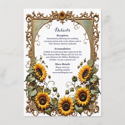 Hübsch Gelbe Sonnenblume mit Kunstrahmen Hochzeit Begleitkarte (Vorderseite)