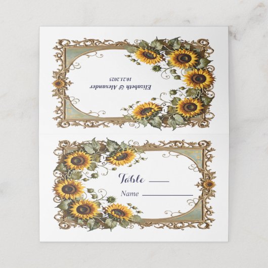 Hübsch Gelbe Sonnenblume mit Kunstrahmen Hochzeit Platzkarte (Außenseite Aufgefaltet)