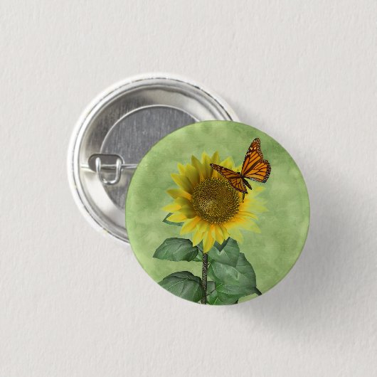 Hübsch Gelbe Sonnenblume und Orangenschmetterling Button (Vorne & Hinten)