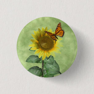 Hübsch Gelbe Sonnenblume und Orangenschmetterling Button