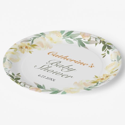 Hübsch-gelbe Wasserfarbenflorentücher-Babydusche Pappteller (Schrägansicht)