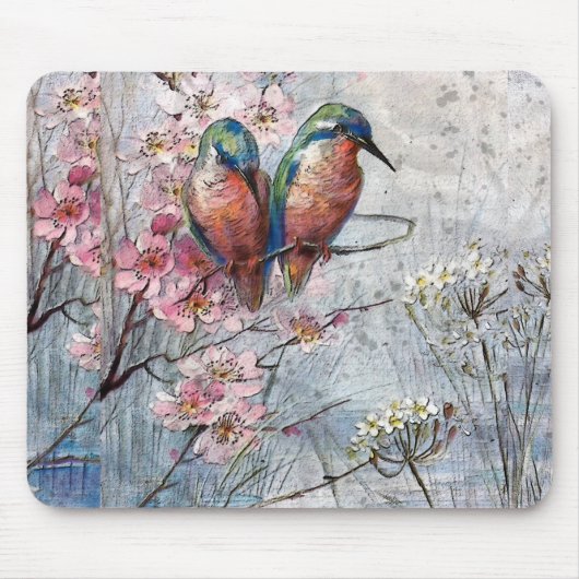 Hübsch gestrichene Blauvögel und Blume Mousepad (Vorne)