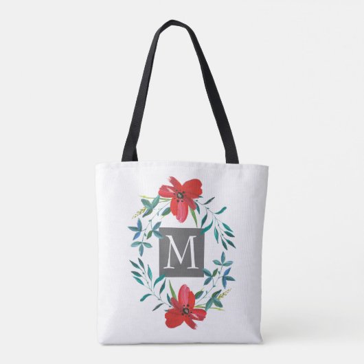 hübsch gestrichene rote Blume mit Monogramm Tasche (Rückseite)