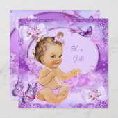 Hübsch Girl Baby Dusche Lila Butterfly Brünett Einladung (Vorne/Hinten)