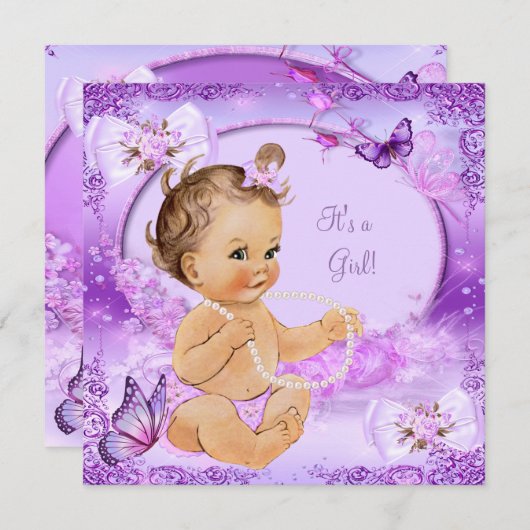 Hübsch Girl Baby Dusche Lila Butterfly Brünett Einladung (Vorne/Hinten)