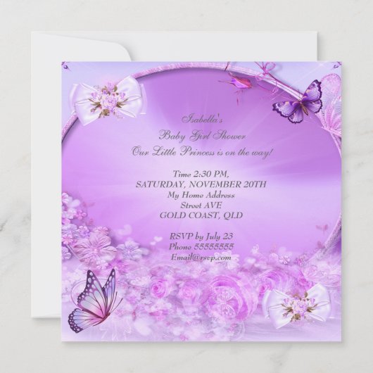 Hübsch Girl Baby Dusche Lila Butterfly Brünett Einladung (Rückseite)