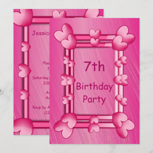 Hübsch Girly Pink Hearts Gerahmt 7. Geburtstag Einladung