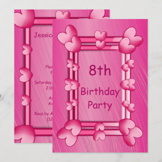 Hübsch Girly Pink Hearts Gerahmt 8. Geburtstag Einladung