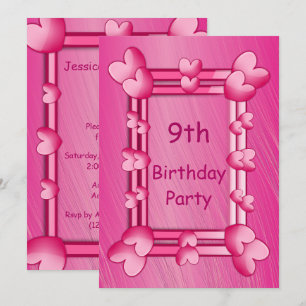 Hübsch Girly Pink Hearts Gerahmt 9. Geburtstag Einladung