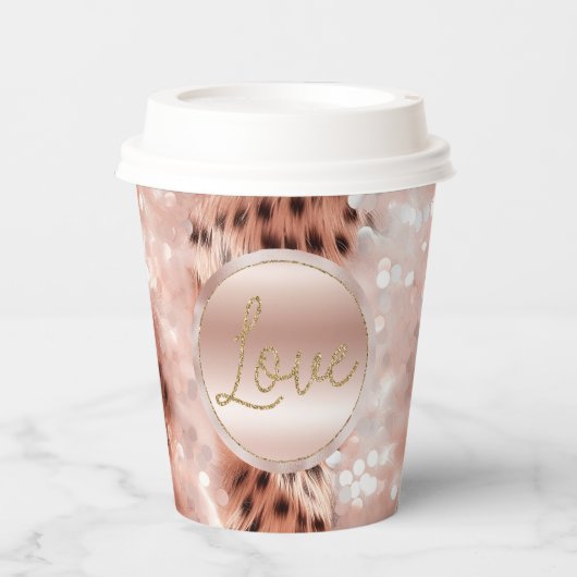 Hübsch Girly Rose Gold Leopard Bokeh Pappbecher (Vorderseite)