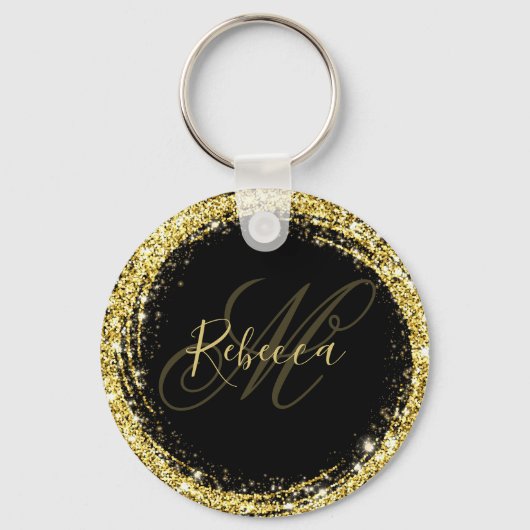 Hübsch Gold Glitzer Monogram Name Black Glam Schlüsselanhänger (Vorderseite)