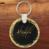 Hübsch Gold Glitzer Monogram Name Black Glam Schlüsselanhänger (Vorderseite)
