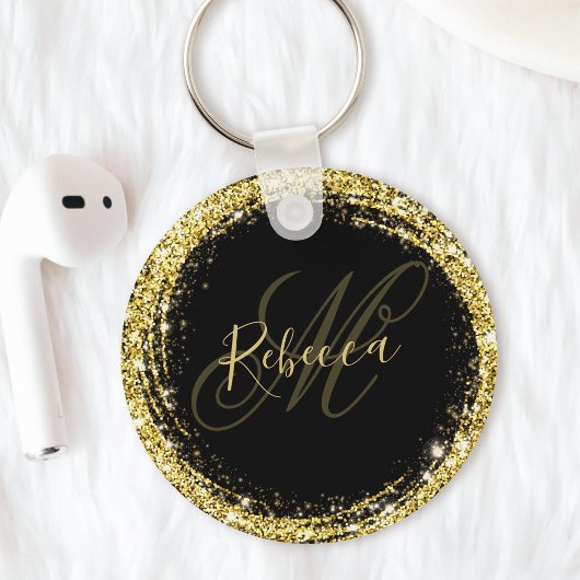 Hübsch Gold Glitzer Monogram Name Black Glam Schlüsselanhänger