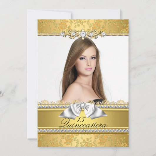 Hübsch Gold Lace Foto Quinceanera Einladung (Vorderseite)