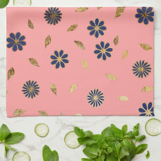 Hübsch Gold Navy Blue Pink Blume und Blätter Geschirrtuch (Gefaltet)