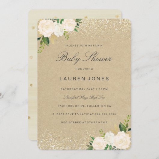 Hübsch Gold Pink Rustikale Blütendusche laden ein Einladung (Vorne/Hinten)