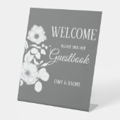 Hübsch Grau mit White Floral Wedding Gästebuch Sockelschild (Vorderseite)