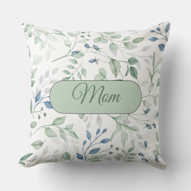 Hübsch Greenery Pillow Blue und Green Blätter MAMA Kissen (Vorderseite)