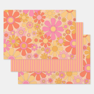Hübsch Groovy Retro Floral und Streifen rosa gelb Geschenkpapier Set