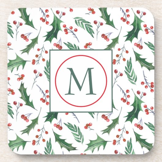 Hübsch Holly Pattern Monogram Christmas Getränkeuntersetzer (Vorderseite)