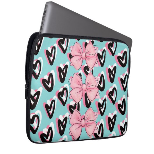Hübsch in Pink & Black BowHeart Laptop-Sieb Laptopschutzhülle (Vorne Rechts)