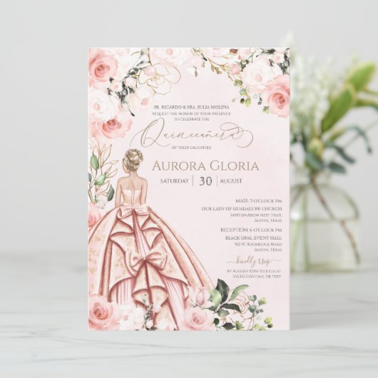 Hübsch in Pink Schöne Rose Elegante Quinceanera Einladung (Stehend Vorderseite)