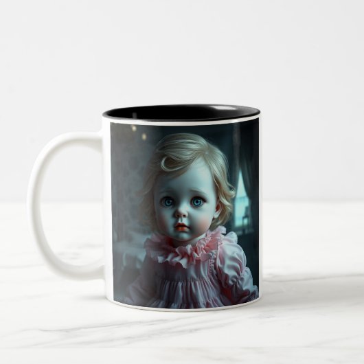 Hübsch in Rosa, blonde haarige Puppe (Miss Januar) Zweifarbige Tasse (Links)