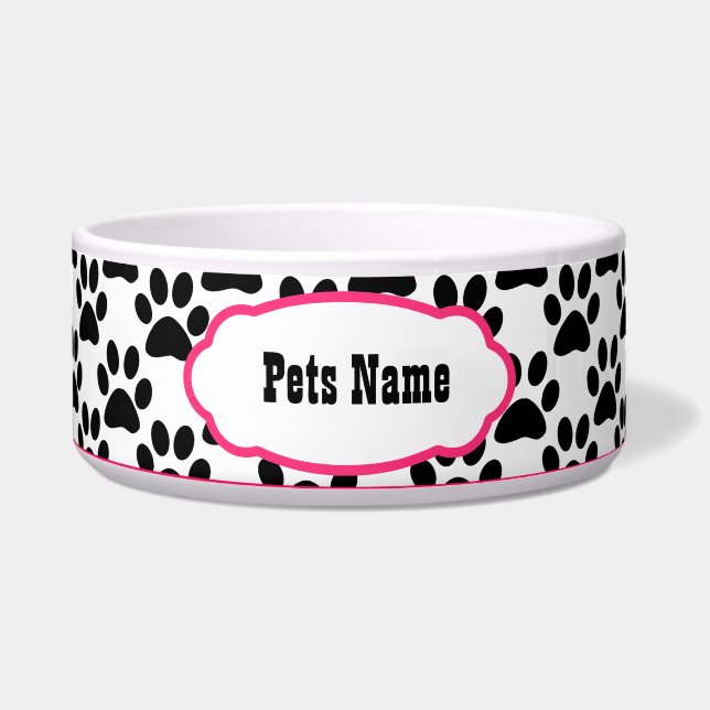 Hübsch in rosa Paw Print Personalisiert Dog Bowl Napf (Vorderseite)